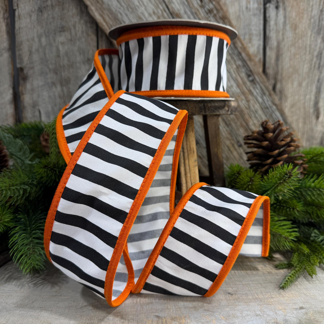 2.5" Halloween Ribbon, Striped Ribbon, Orange Ribbon, Wired Ribbon, Black White Stripe Halloween Ribbon