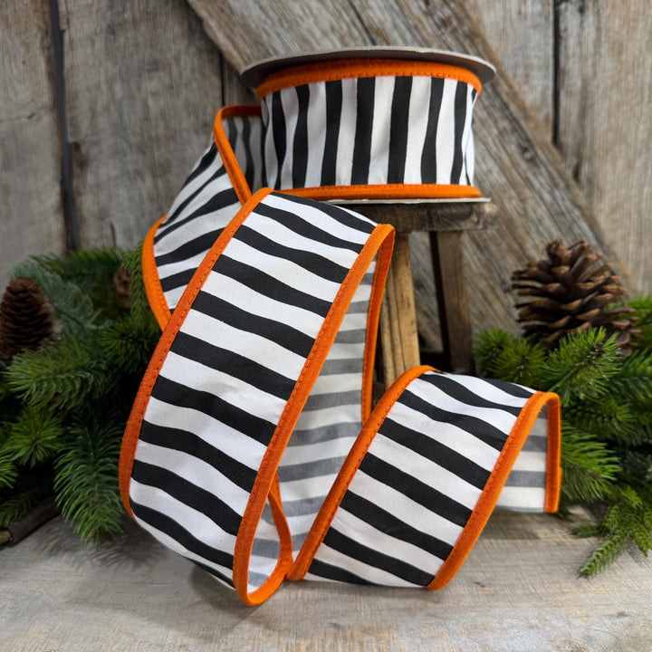 2.5" Halloween Ribbon, Striped Ribbon, Orange Ribbon, Wired Ribbon, Black White Stripe Halloween Ribbon