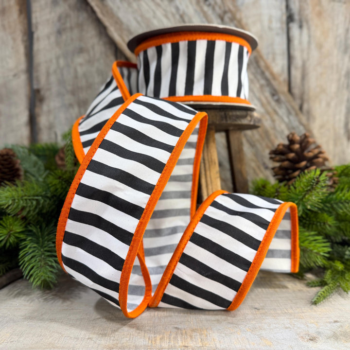 2.5" Halloween Ribbon, Striped Ribbon, Orange Ribbon, Wired Ribbon, Black White Stripe Halloween Ribbon