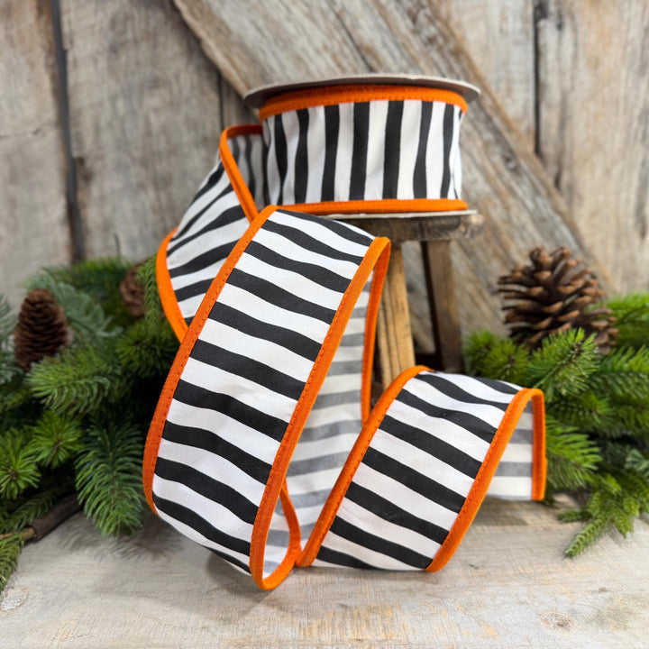 2.5" Halloween Ribbon, Striped Ribbon, Orange Ribbon, Wired Ribbon, Black White Stripe Halloween Ribbon