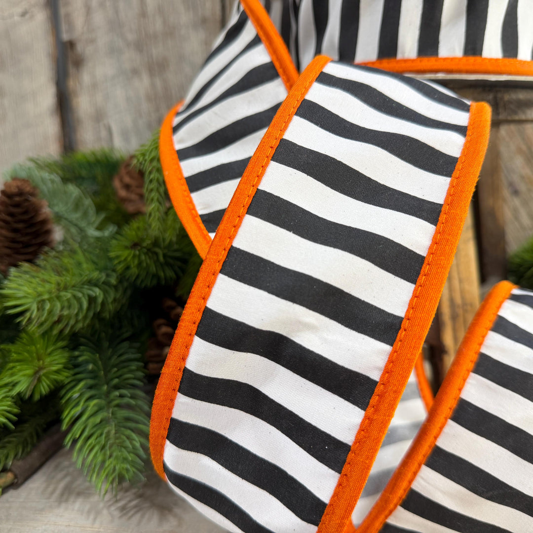2.5" Halloween Ribbon, Striped Ribbon, Orange Ribbon, Wired Ribbon, Black White Stripe Halloween Ribbon