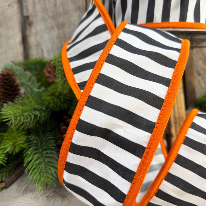 2.5" Halloween Ribbon, Striped Ribbon, Orange Ribbon, Wired Ribbon, Black White Stripe Halloween Ribbon