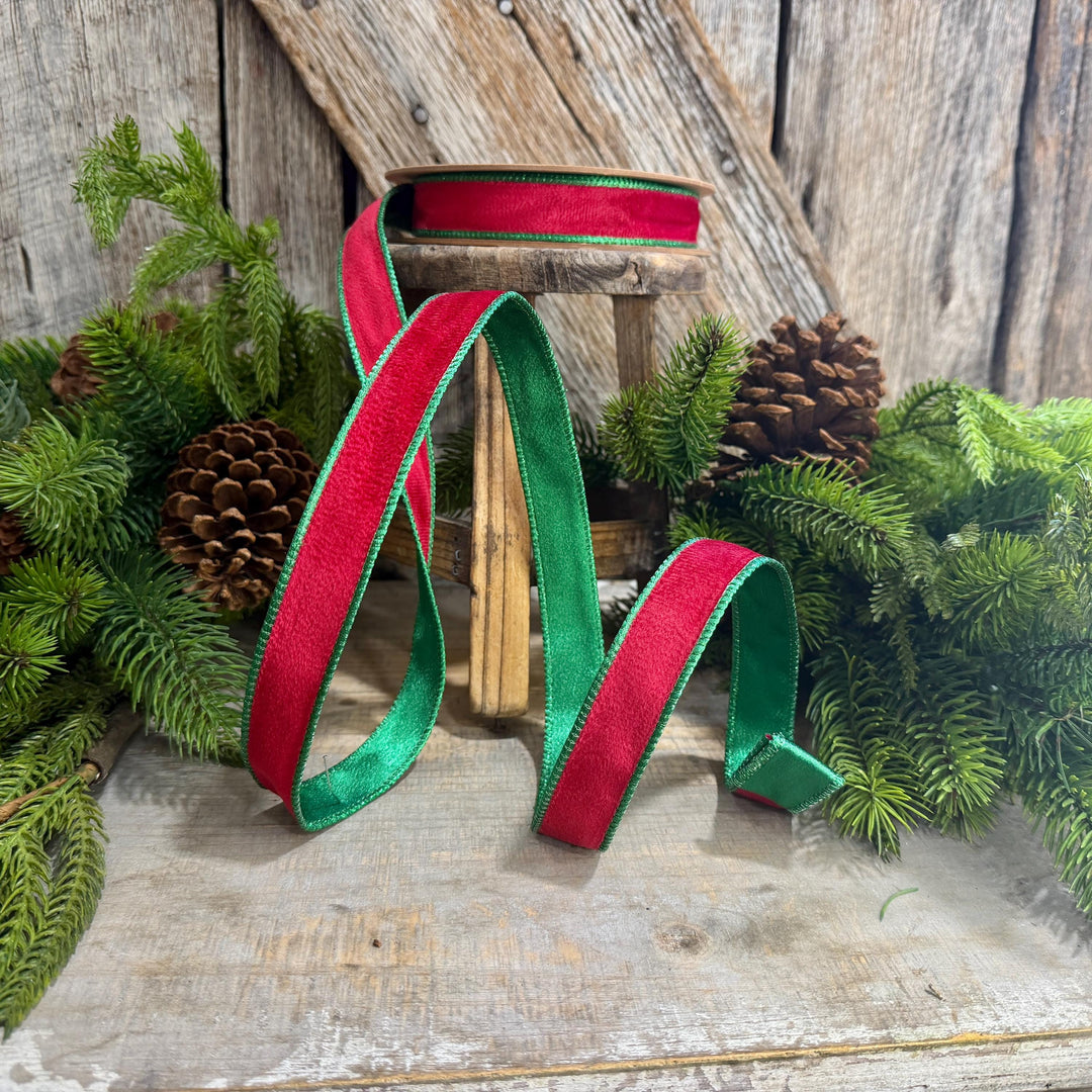 1" Red Green Velvet Ribbon, Red Velvet Ribbon, Christmas RIbbon, Red and Green Velvet Ribbon, Designer Ribbon, Gift Wrap Ribbon, Christmas