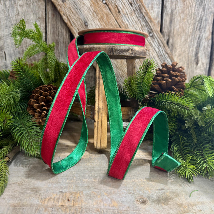 1" Red Green Velvet Ribbon, Red Velvet Ribbon, Christmas RIbbon, Red and Green Velvet Ribbon, Designer Ribbon, Gift Wrap Ribbon, Christmas