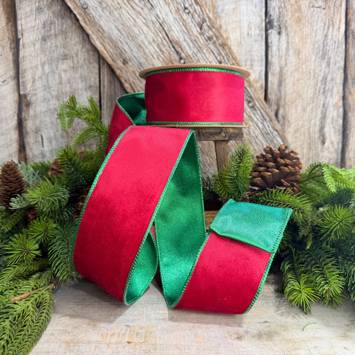 2.5" Red Green Velvet Ribbon, Red Velvet Ribbon, Christmas RIbbon, Red and Green Velvet Ribbon, Designer Ribbon, Gift Wrap Ribbon, Christmas
