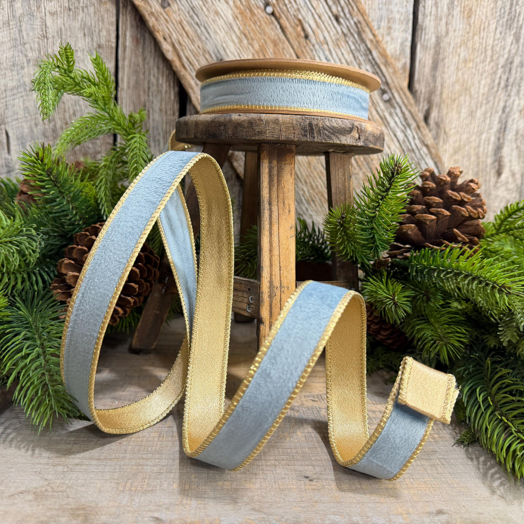 1" Steel Blue Velvet, French Blue Velvet Ribbon, Wired Ribbon, Ribbon, Velvet Ribbon, Christmas Ribbon, Blue and Gold Ribbon