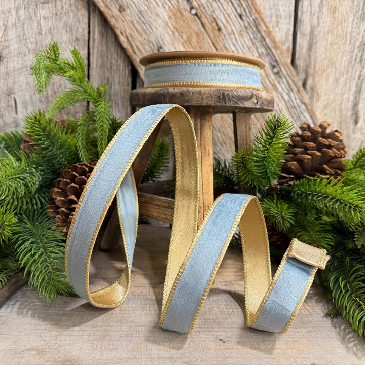 1" Steel Blue Velvet, French Blue Velvet Ribbon, Wired Ribbon, Ribbon, Velvet Ribbon, Christmas Ribbon, Blue and Gold Ribbon