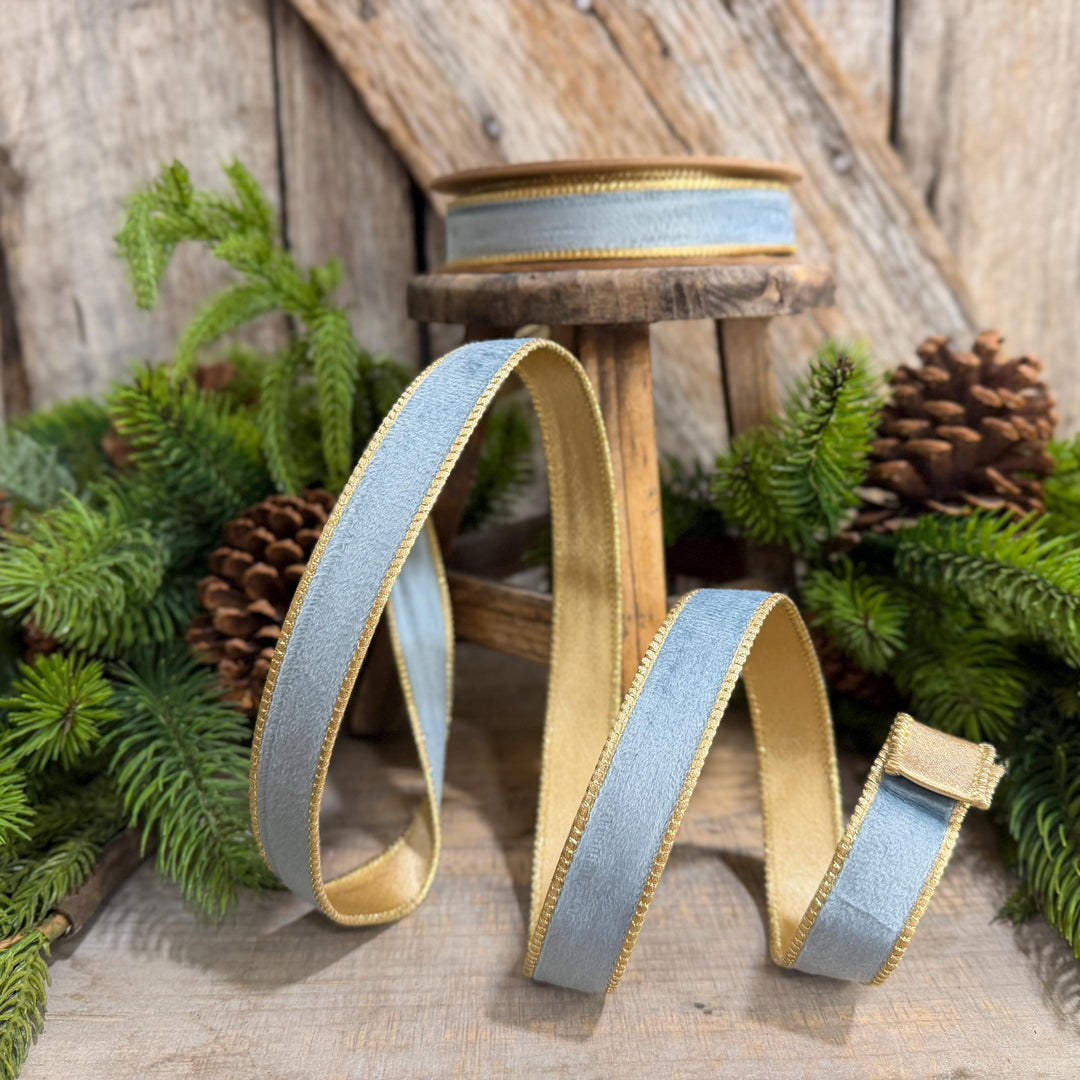 1" Steel Blue Velvet, French Blue Velvet Ribbon, Wired Ribbon, Ribbon, Velvet Ribbon, Christmas Ribbon, Blue and Gold Ribbon