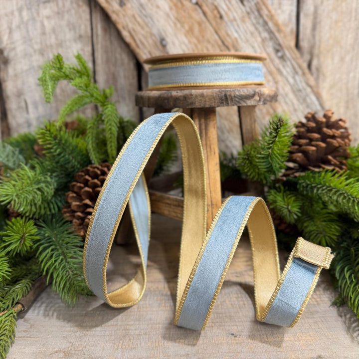 1" Steel Blue Velvet, French Blue Velvet Ribbon, Wired Ribbon, Ribbon, Velvet Ribbon, Christmas Ribbon, Blue and Gold Ribbon
