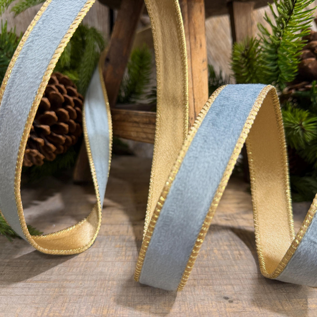 1" Steel Blue Velvet, French Blue Velvet Ribbon, Wired Ribbon, Ribbon, Velvet Ribbon, Christmas Ribbon, Blue and Gold Ribbon