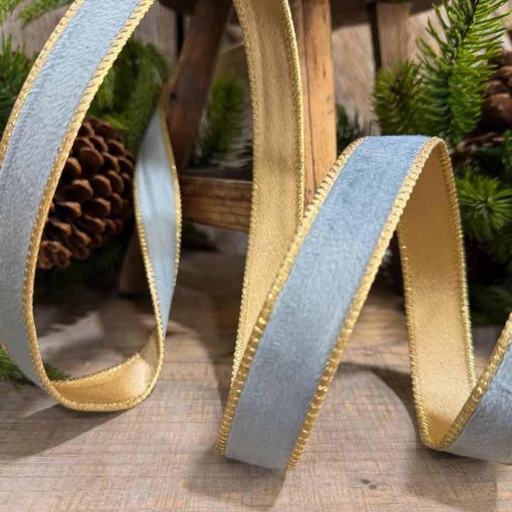 1" Steel Blue Velvet, French Blue Velvet Ribbon, Wired Ribbon, Ribbon, Velvet Ribbon, Christmas Ribbon, Blue and Gold Ribbon
