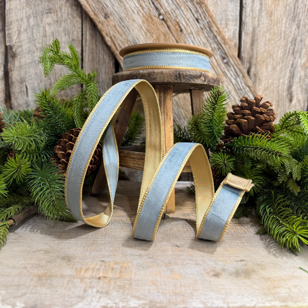 1" Steel Blue Velvet, French Blue Velvet Ribbon, Wired Ribbon, Ribbon, Velvet Ribbon, Christmas Ribbon, Blue and Gold Ribbon