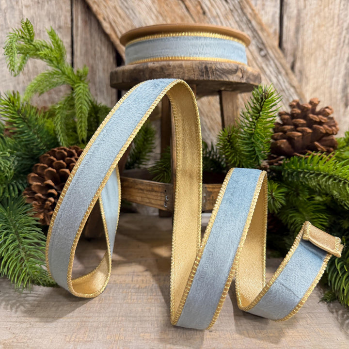 1" Steel Blue Velvet, French Blue Velvet Ribbon, Wired Ribbon, Ribbon, Velvet Ribbon, Christmas Ribbon, Blue and Gold Ribbon
