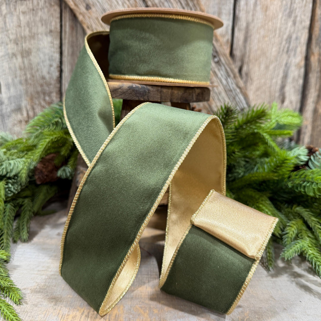 2.5" Forest Green Velvet Ribbon, Moss Green &amp; Gold Velvet Ribbon, Christmas RIbbon, Moss Green Velvet Ribbon, Designer Ribbon, Woodland