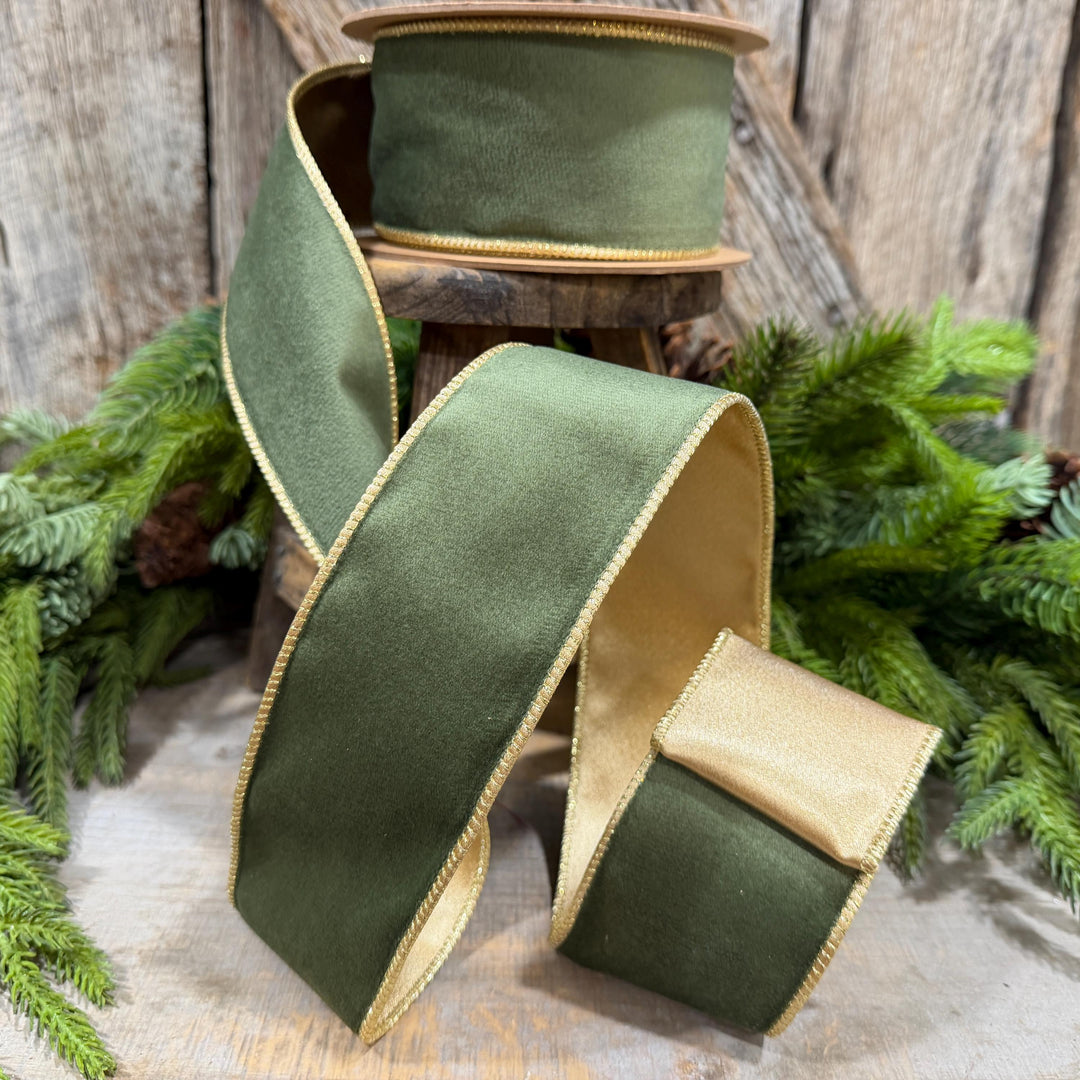2.5" Forest Green Velvet Ribbon, Moss Green &amp; Gold Velvet Ribbon, Christmas RIbbon, Moss Green Velvet Ribbon, Designer Ribbon, Woodland