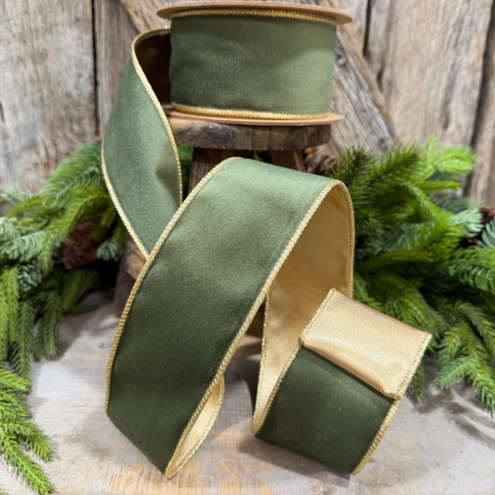 2.5" Forest Green Velvet Ribbon, Moss Green &amp; Gold Velvet Ribbon, Christmas RIbbon, Moss Green Velvet Ribbon, Designer Ribbon, Woodland