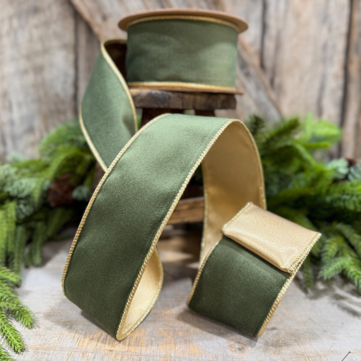 2.5" Forest Green Velvet Ribbon, Moss Green &amp; Gold Velvet Ribbon, Christmas RIbbon, Moss Green Velvet Ribbon, Designer Ribbon, Woodland