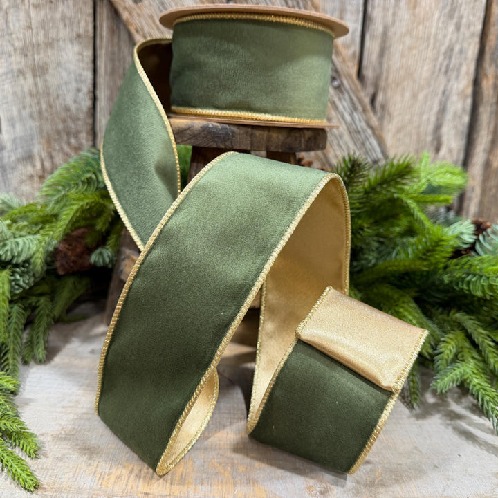 2.5" Forest Green Velvet Ribbon, Moss Green &amp; Gold Velvet Ribbon, Christmas RIbbon, Moss Green Velvet Ribbon, Designer Ribbon, Woodland