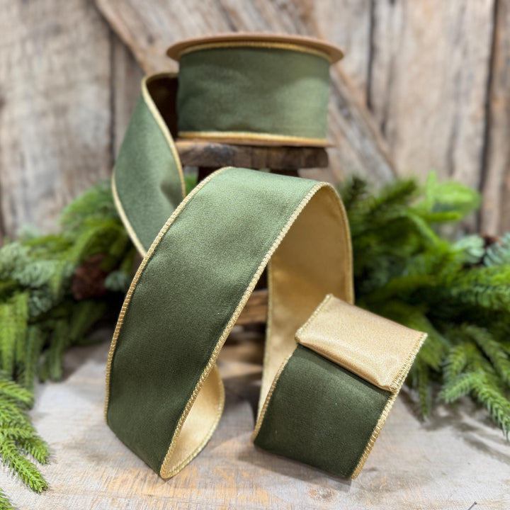 2.5" Forest Green Velvet Ribbon, Moss Green &amp; Gold Velvet Ribbon, Christmas RIbbon, Moss Green Velvet Ribbon, Designer Ribbon, Woodland