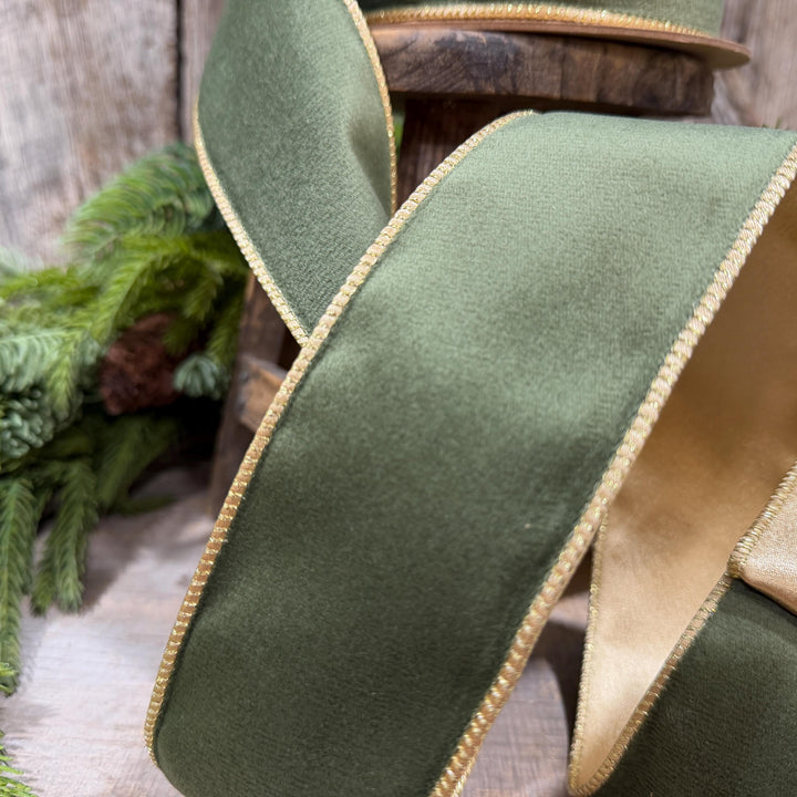 2.5" Forest Green Velvet Ribbon, Moss Green &amp; Gold Velvet Ribbon, Christmas RIbbon, Moss Green Velvet Ribbon, Designer Ribbon, Woodland