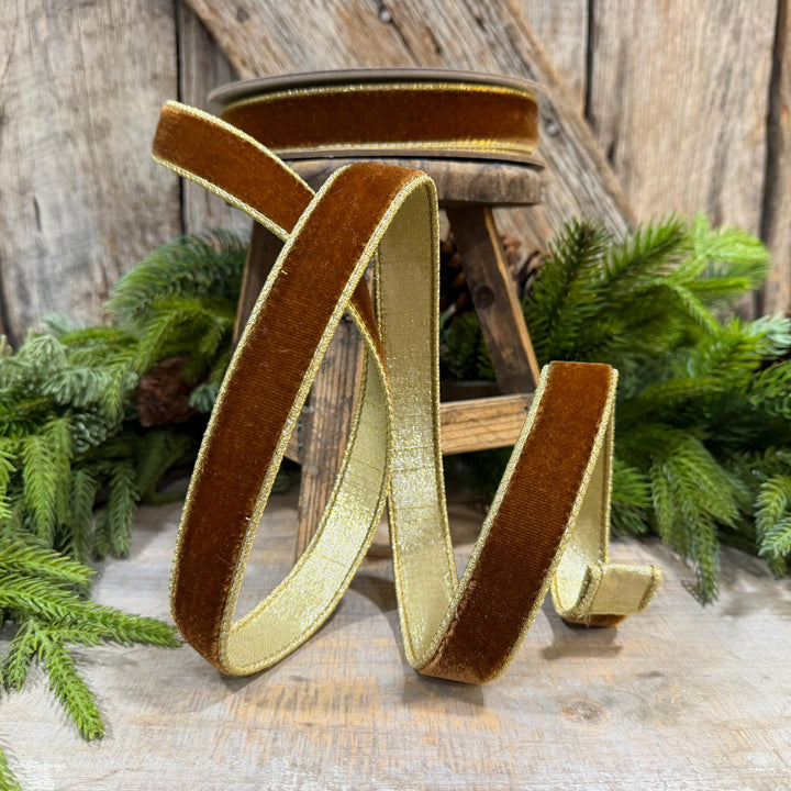 1” Pecan Brown Velvet Ribbon, Flashy Velvet Ribbon, Farrisilk ribbon, Brown Velvet ribbon, RG063-35