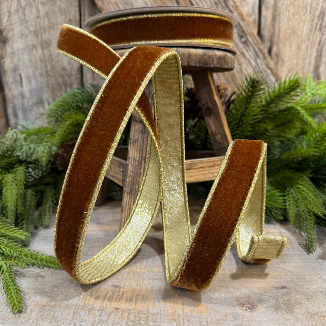 1” Pecan Brown Velvet Ribbon, Flashy Velvet Ribbon, Farrisilk ribbon, Brown Velvet ribbon, RG063-35