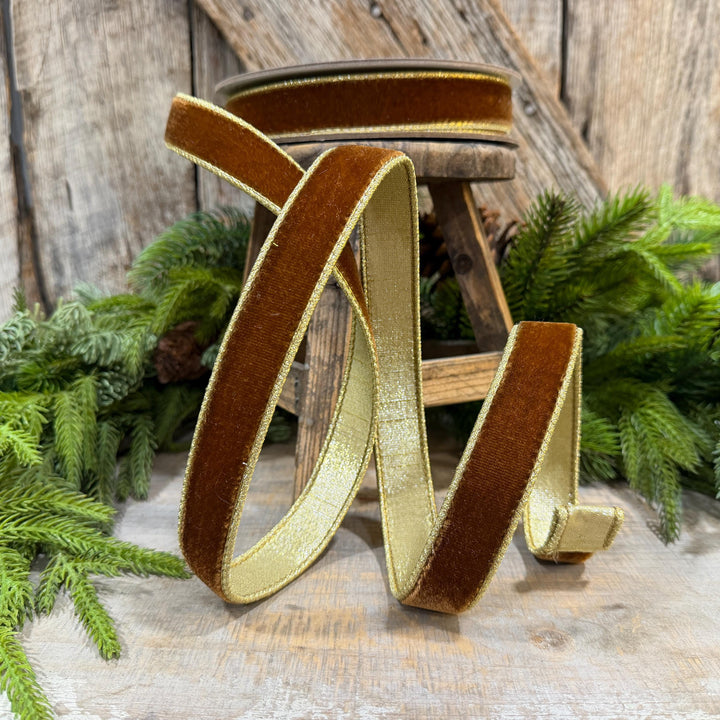 1” Pecan Brown Velvet Ribbon, Flashy Velvet Ribbon, Farrisilk ribbon, Brown Velvet ribbon, RG063-35