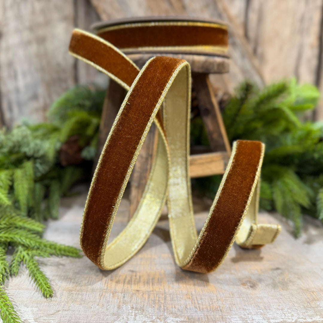 1” Pecan Brown Velvet Ribbon, Flashy Velvet Ribbon, Farrisilk ribbon, Brown Velvet ribbon, RG063-35