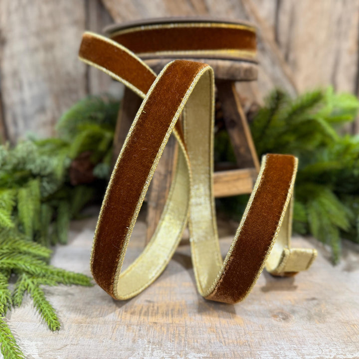 1” Pecan Brown Velvet Ribbon, Flashy Velvet Ribbon, Farrisilk ribbon, Brown Velvet ribbon, RG063-35