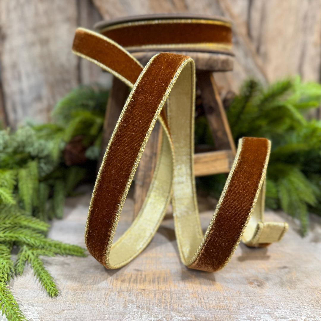 1” Pecan Brown Velvet Ribbon, Flashy Velvet Ribbon, Farrisilk ribbon