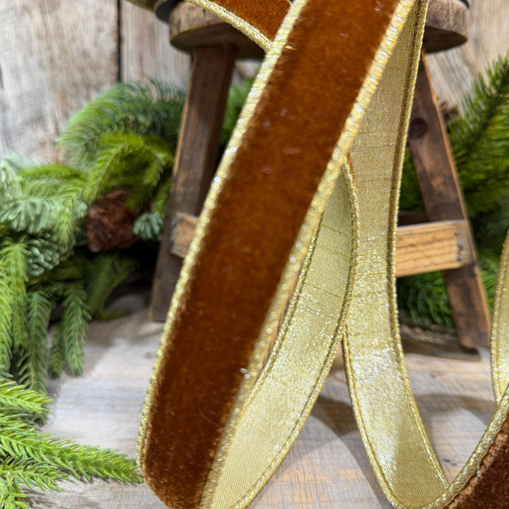 1” Pecan Brown Velvet Ribbon, Flashy Velvet Ribbon, Farrisilk ribbon, Brown Velvet ribbon, RG063-35