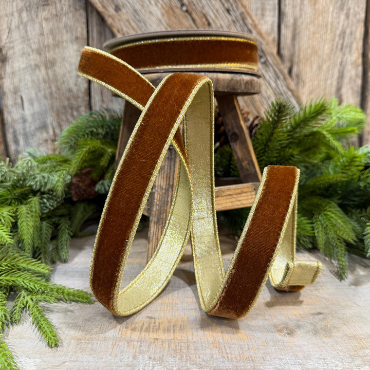 1” Pecan Brown Velvet Ribbon, Flashy Velvet Ribbon, Farrisilk ribbon, Brown Velvet ribbon, RG063-35