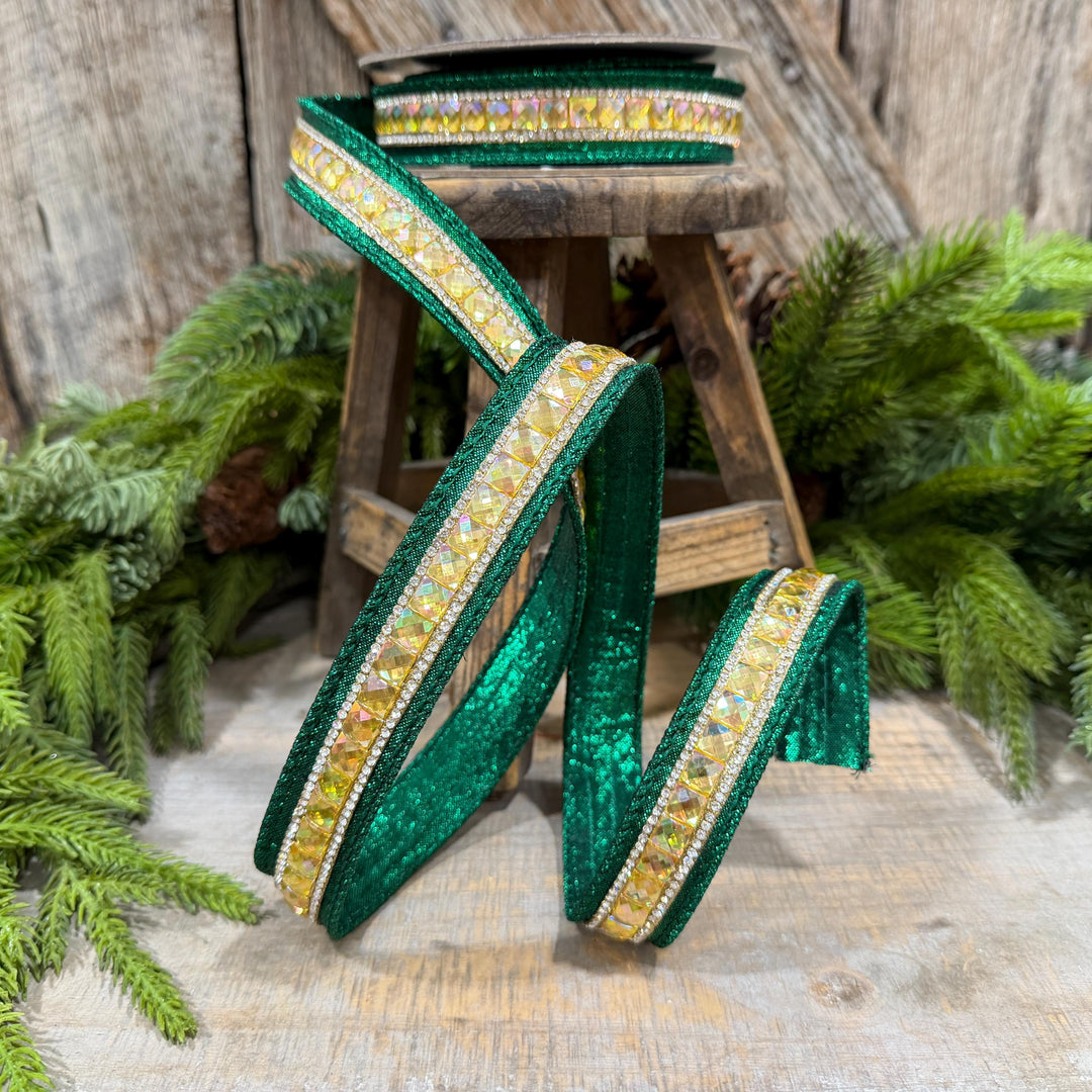 1" Emerald Green Jeweled Ribbon, Farrisilk Iridescent Delight Ribbon, Christmas Ribbon, RK943-55