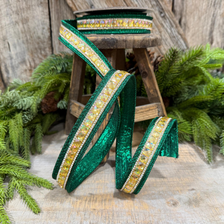 1" Emerald Green Jeweled Ribbon, Farrisilk Iridescent Delight Ribbon, Christmas Ribbon, RK943-55