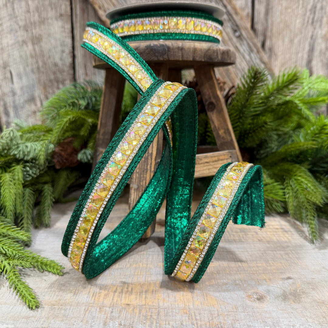 1" Emerald Green Jeweled Ribbon, Farrisilk Iridescent Delight Ribbon, Christmas Ribbon, RK943-55