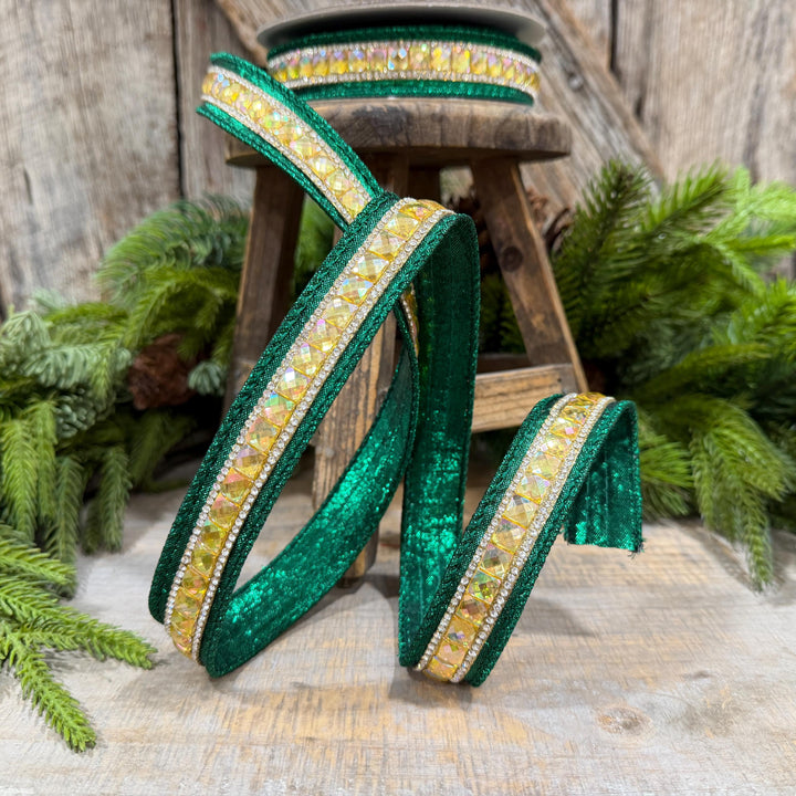 1" Emerald Green Jeweled Ribbon, Farrisilk Iridescent Delight Ribbon, Christmas Ribbon, RK943-55