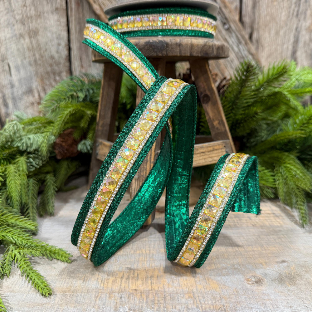 1" Emerald Green Jeweled Ribbon, Farrisilk Iridescent Delight Ribbon, Christmas Ribbon, RK943-55