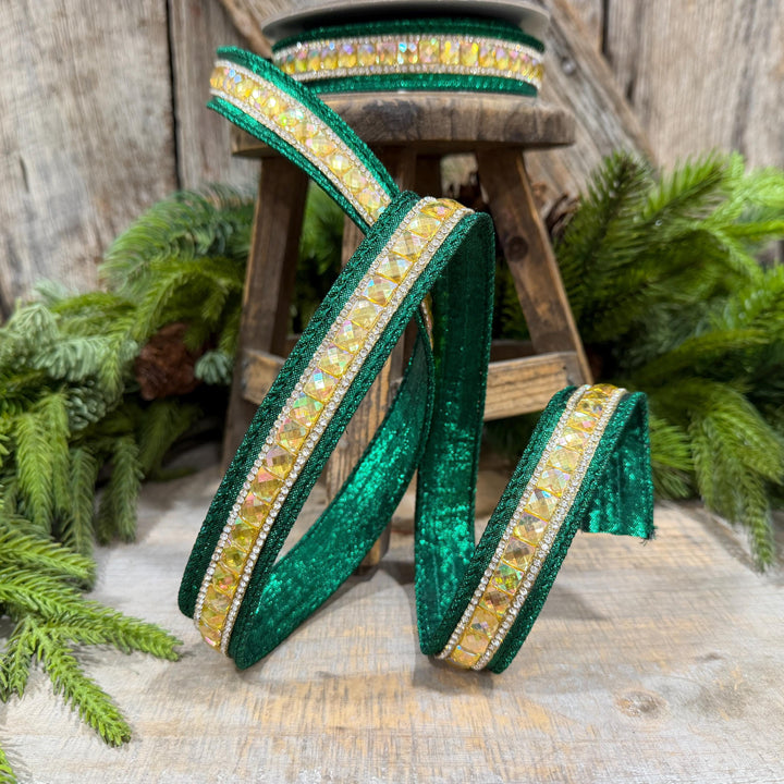 1" Emerald Green Jeweled Ribbon, Farrisilk Iridescent Delight Ribbon, Christmas Ribbon, RK943-55