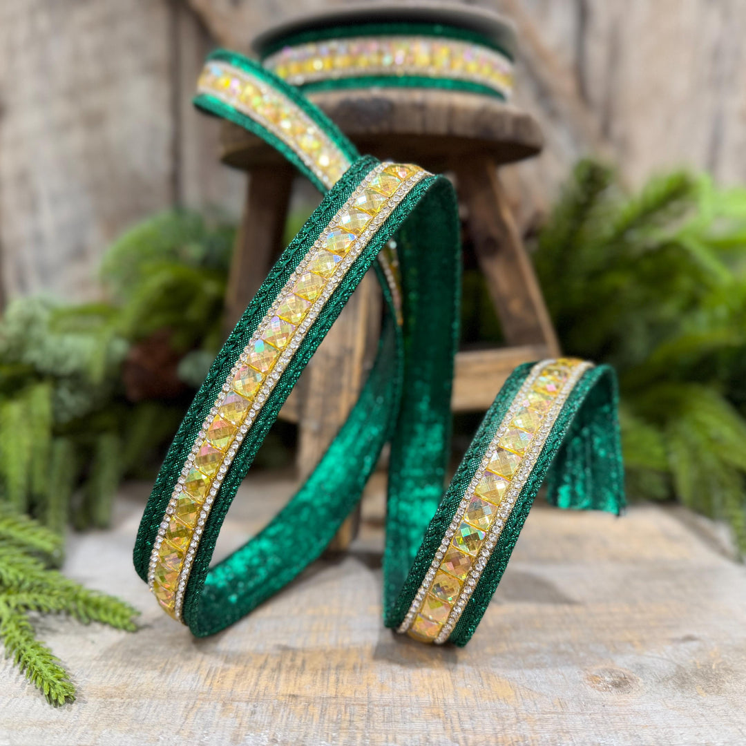 1" Emerald Green Jeweled Ribbon, Farrisilk Iridescent Delight Ribbon, Christmas Ribbon, RK943-55