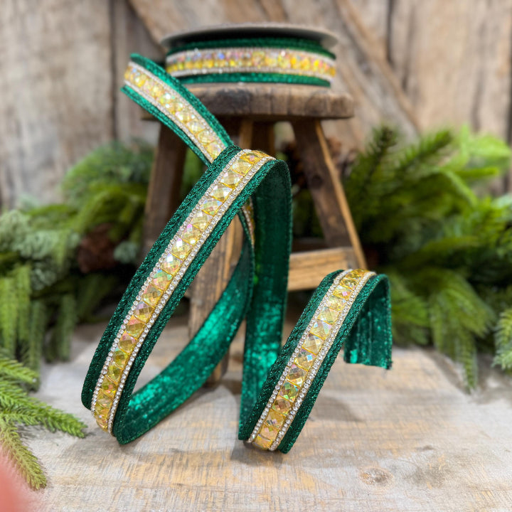 1" Emerald Green Jeweled Ribbon, Farrisilk Iridescent Delight Ribbon, Christmas Ribbon, RK943-55
