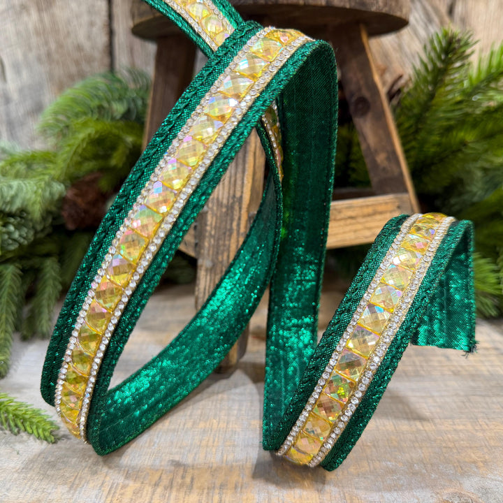 1" Emerald Green Jeweled Ribbon, Farrisilk Iridescent Delight Ribbon, Christmas Ribbon, RK943-55