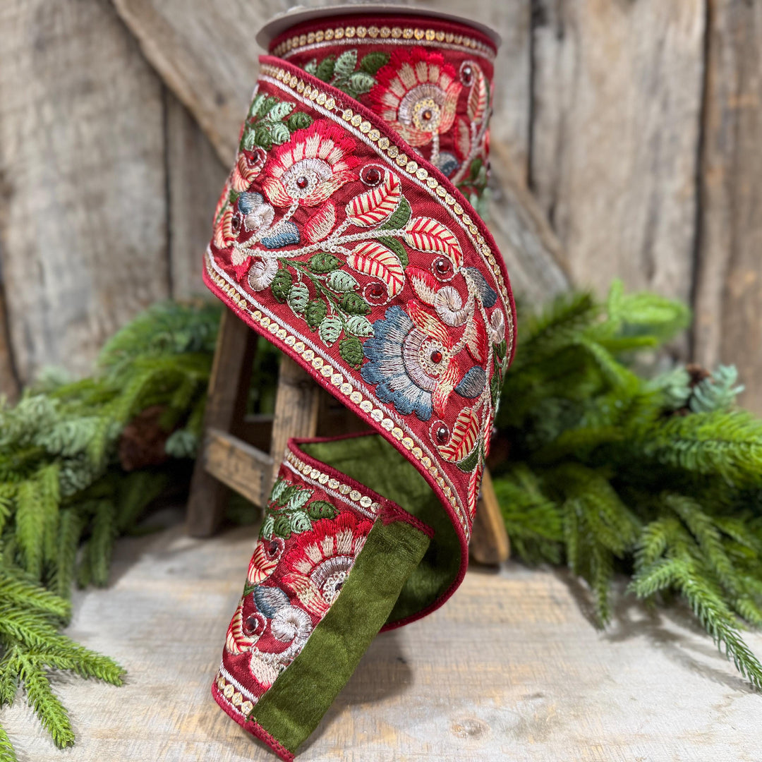 4" Burgundy Embroidered Ribbon, Farrisilk Freya Flower Ribbon, Designer Christmas Ribbon