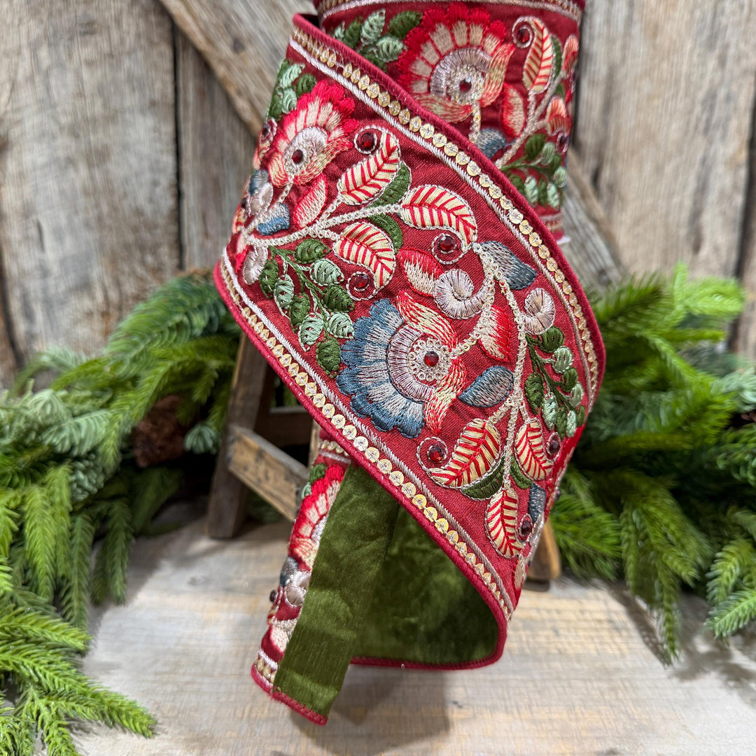 4" Burgundy Embroidered Ribbon, Farrisilk Freya Flower Ribbon, Designer Christmas Ribbon