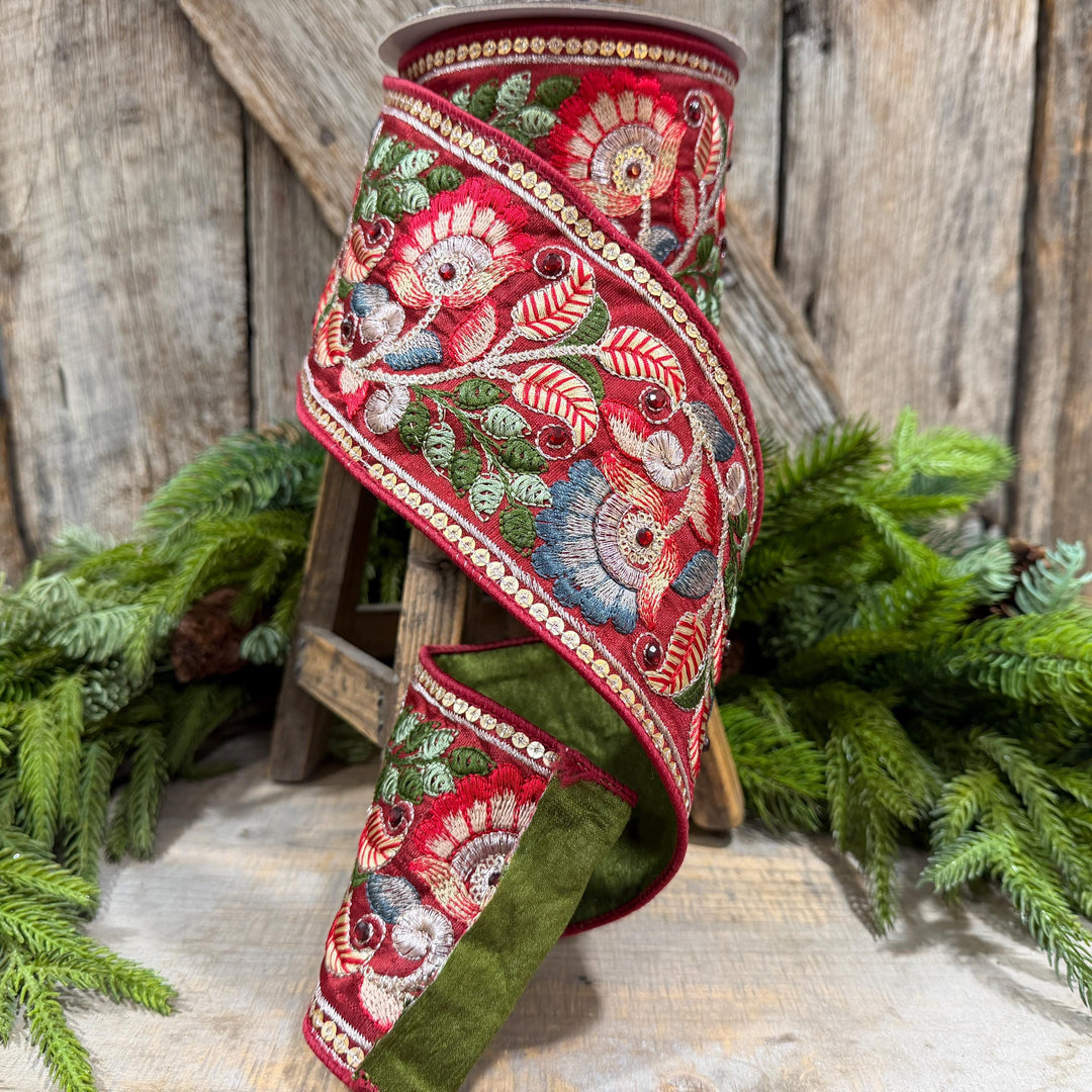 4" Burgundy Embroidered Ribbon, Farrisilk Freya Flower Ribbon, Designer Christmas Ribbon