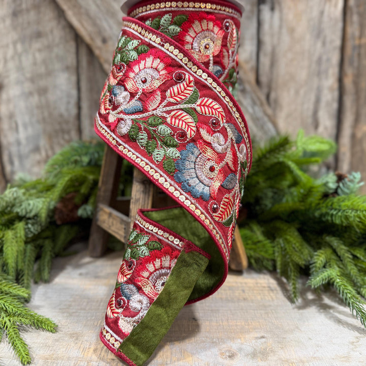 4" Burgundy Embroidered Ribbon, Farrisilk Freya Flower Ribbon, Designer Christmas Ribbon