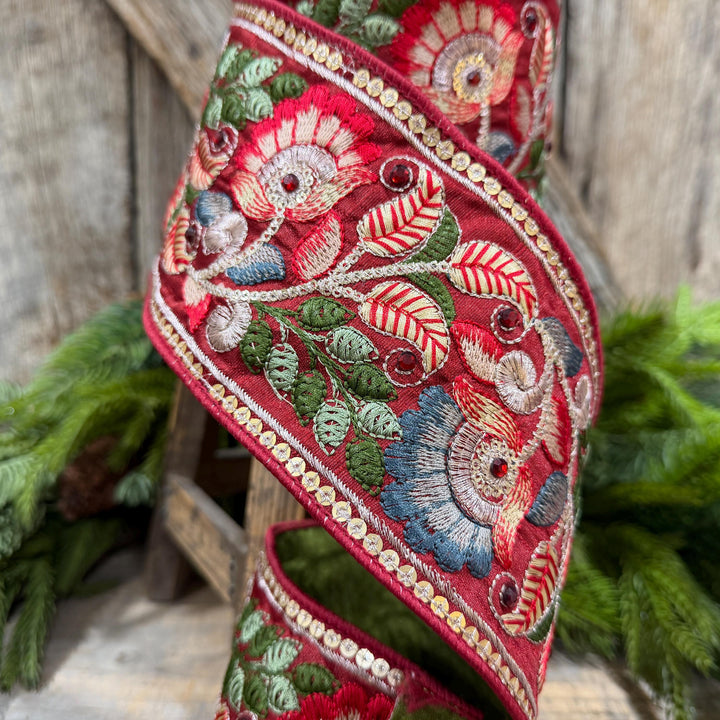 4" Burgundy Embroidered Ribbon, Farrisilk Freya Flower Ribbon, Designer Christmas Ribbon
