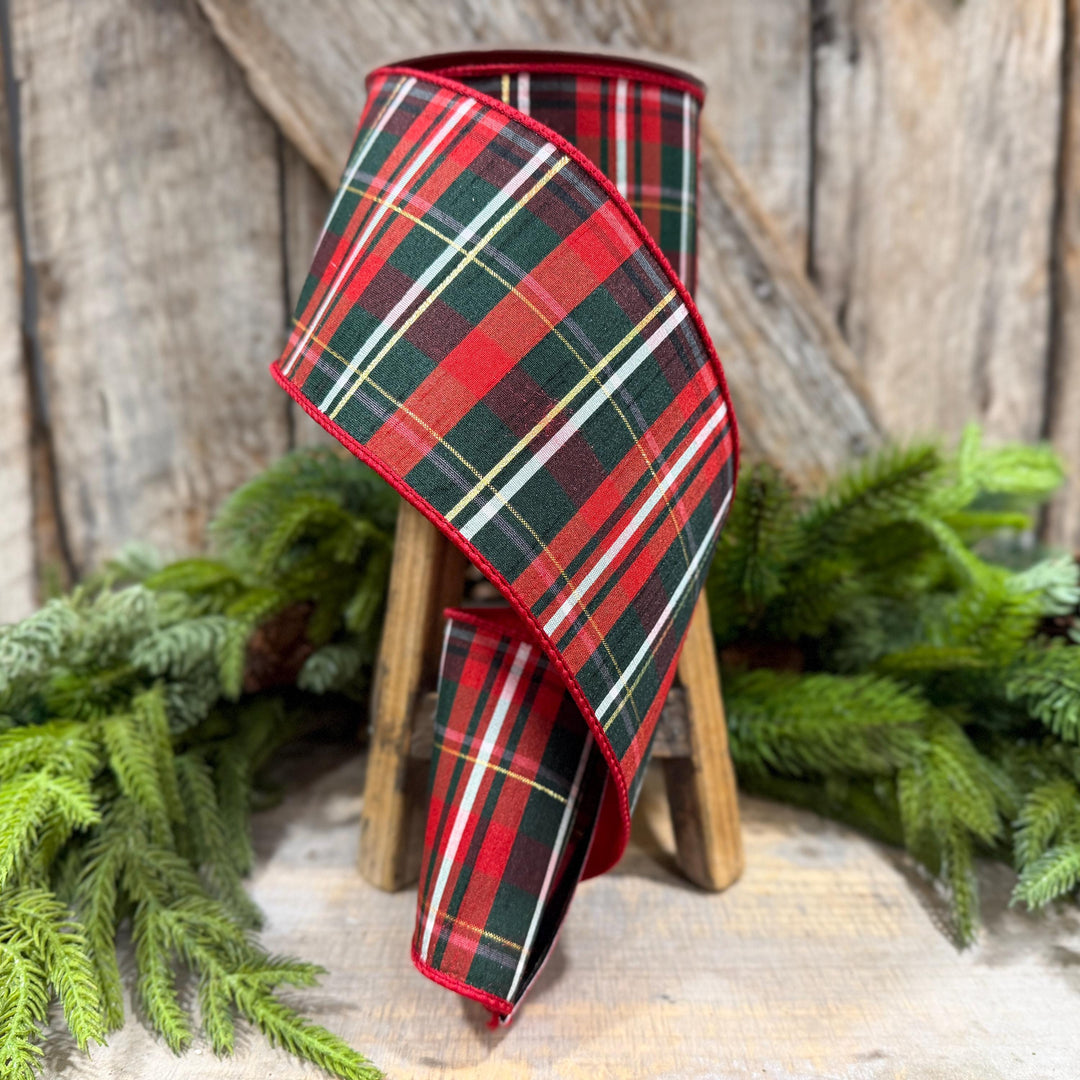 4" Red Green Plaid Ribbon, Farrisilk Ribbon, Christmas Plaid Ribbon, RM003-29