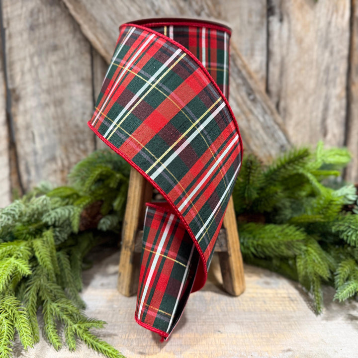 4" Red Green Plaid Ribbon, Farrisilk Ribbon, Christmas Plaid Ribbon, RM003-29