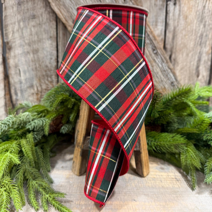 4" Red Green Plaid Ribbon, Farrisilk Ribbon, Christmas Plaid Ribbon, RM003-29