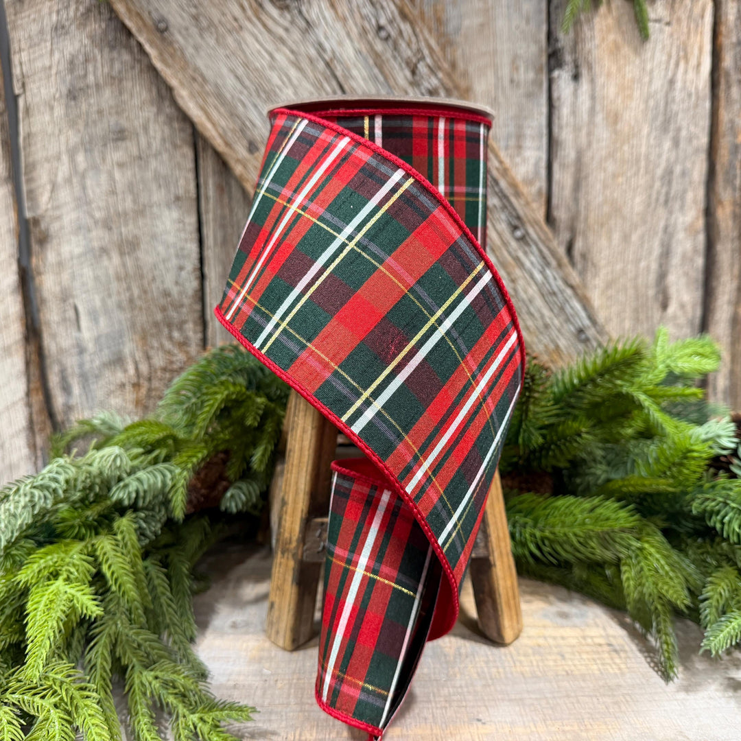 4" Red Green Plaid Ribbon, Farrisilk Ribbon, Christmas Plaid Ribbon, RM003-29